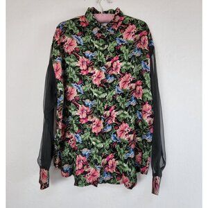 David Wayne Womens Large Floral Print Button Down Shirt with Sheer Long Sleeve